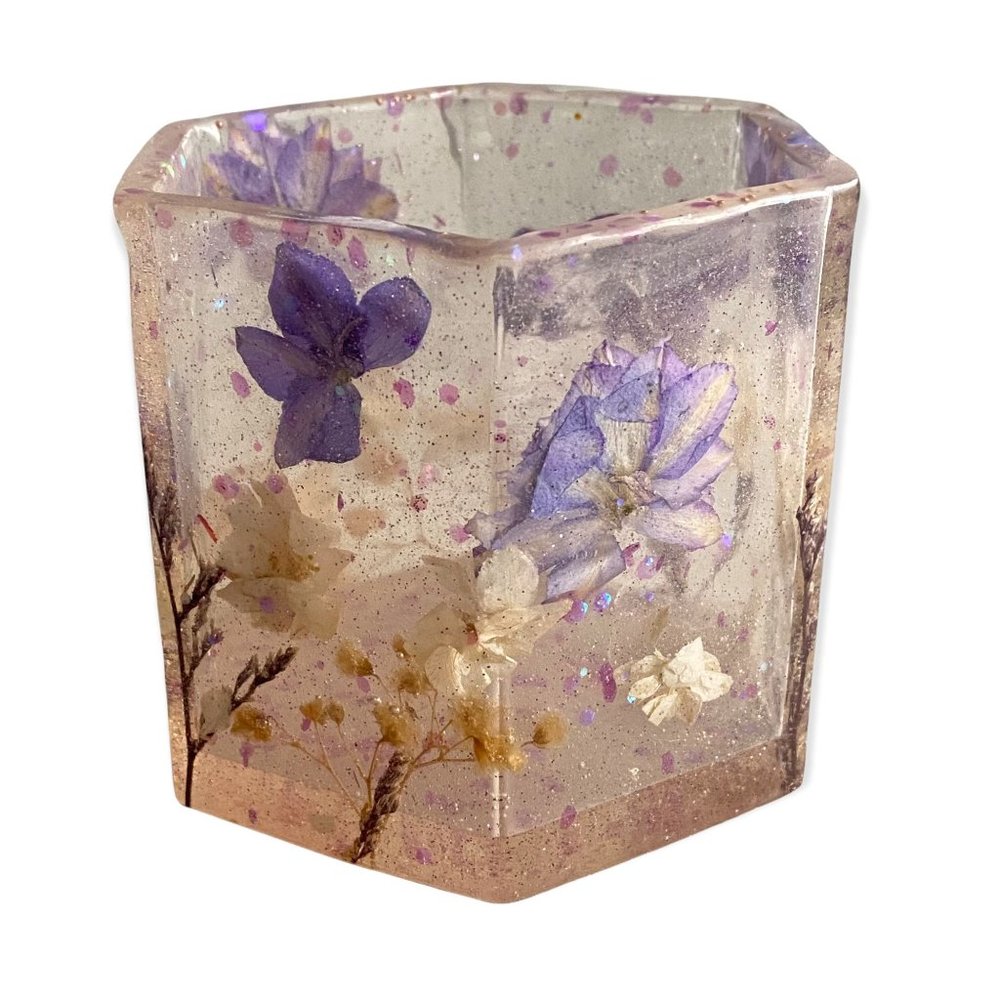 Purple & Gold Floral Resin Handmade Planter, Desktop Pen Holder, Trinket Holder